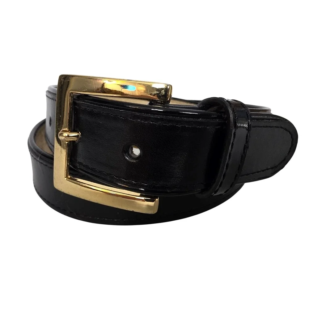 Black Bonded Leather Belt Gold Buckle Medium Classic Minimalist Mens